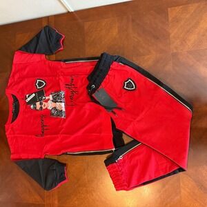 Women's Red 2-Piece Jogger Set Graphic Top Pants Zipper Trim Rhinestone OLYSS M‎